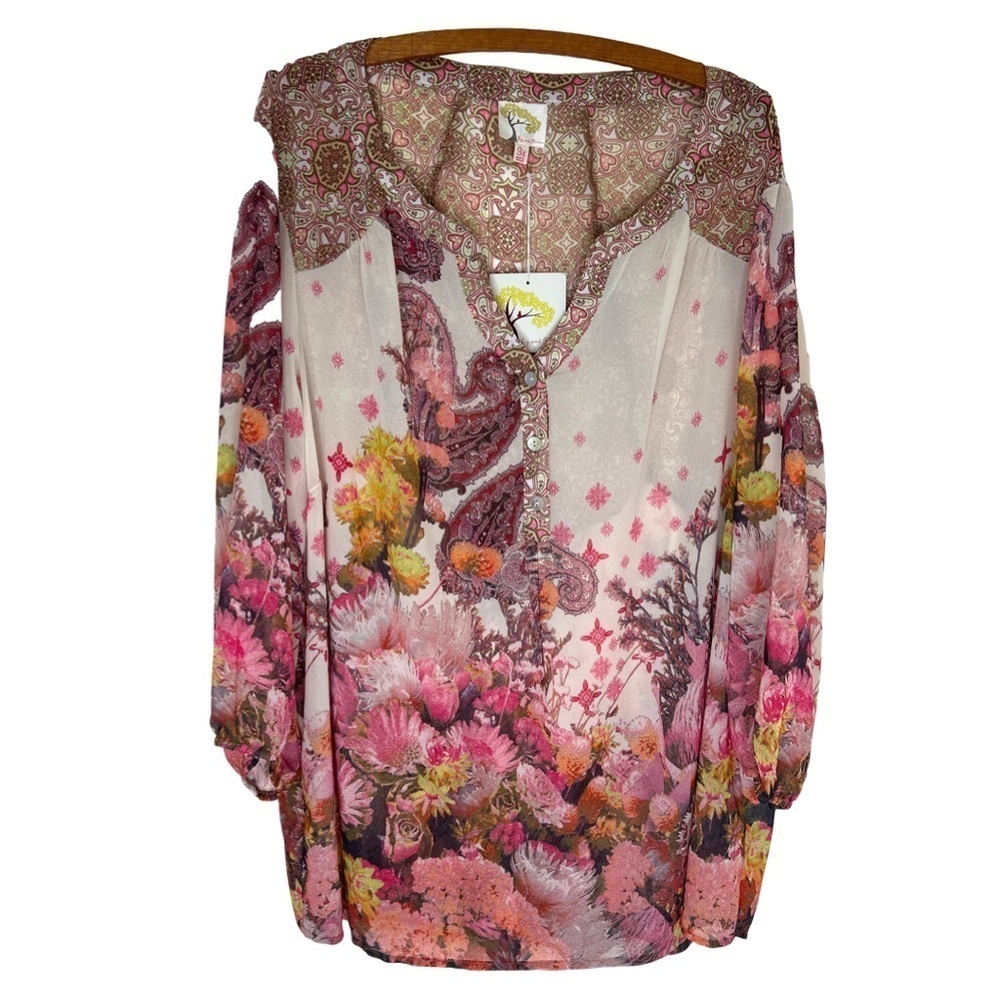 NWT FIG AND FLOWER Pink Sheer Floral Button Front Blouse Size 3X